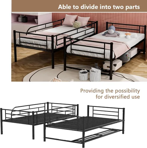 Vista 4 de Merax Litera de metal con estante y barandillas, litera con estante inferior para niños, adultos, tamaño individual sobre individual, negro