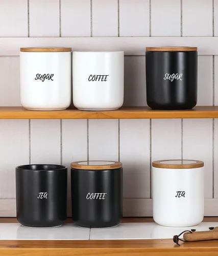 Vista 6 de Sello de almacenamiento de alimentos de cerámica de color puro Pot Spice Jar Sugar Bowl con tapa de bambú-café-negro