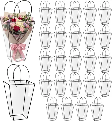 Vista 18 de Yexiya 12 bolsas florales grandes transparentes para ramo de flores a granel con asa transparente para regalo de boda, regalo de boda, regalo