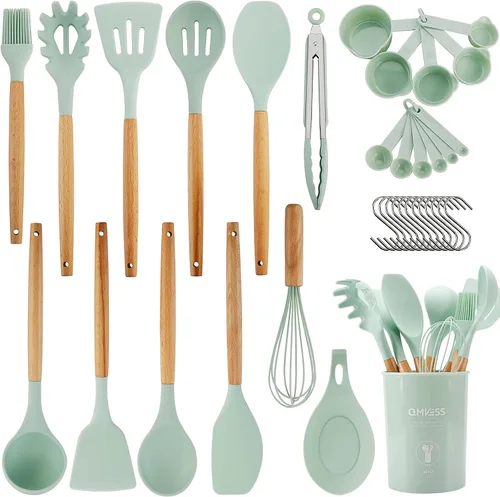 Vista 8 de QMVESS Juego de utensilios de cocina de silicona, 35 piezas, antiadherentes, aislamiento resistente, mango de madera, accesorios de cocina