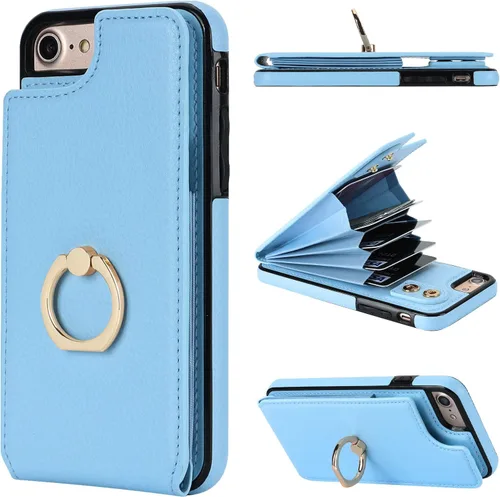 Vista 12 de Folosu Funda tipo cartera para iPhone SE con soporte para tarjetas, soporte de anillo de rotación de 360 grados, función de protección RFID, de piel