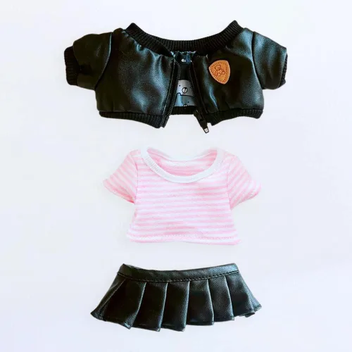 Vista 6 de niannyyhouse Muñeca de peluche de 7.9 in, chaqueta de piel, falda a rayas, camiseta de 8 pulgadas, ropa de muñeca de peluche (A-Girl)