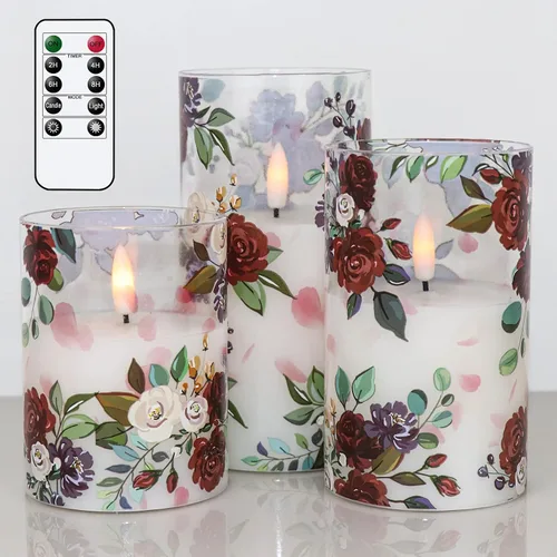 Vista 15 de Velas recargables de vidrio de hortensias sin llama con temporizador remoto, funciona con pilas, velas LED parpadeantes de cera real, decoración
