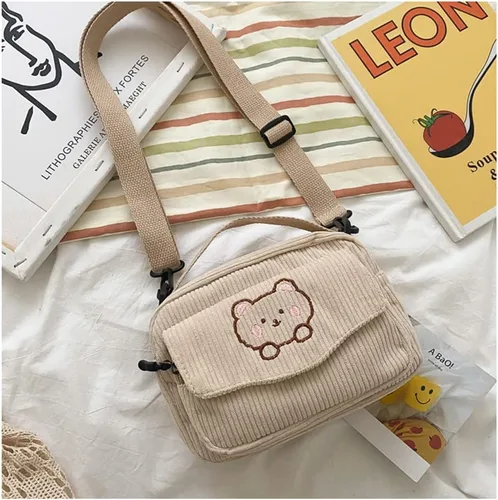 Vista 7 de Lindas bolsas kawaii, carteras estéticas, pequeñas de pana cruzada con llaveros de oso, regalo kawaii para mujeres, adolescentes y niñas