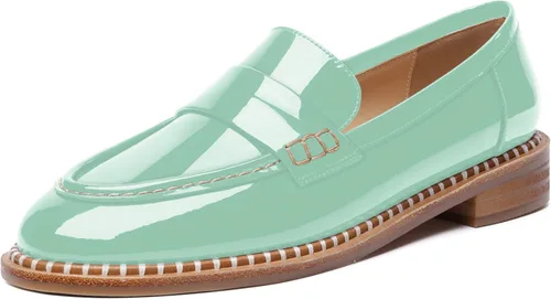 Vista 14 de FOGEENA Mocasines de tacón bajo para mujer, estilo casual, puntera redonda, de charol grueso, de 1 pulgada