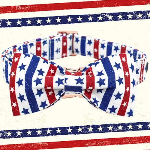 Vista 3 de Elegant little tail Independence - Collar patriótico para mascotas con pajarita para mascotas del 4 de julio de algodón suave para mascotas