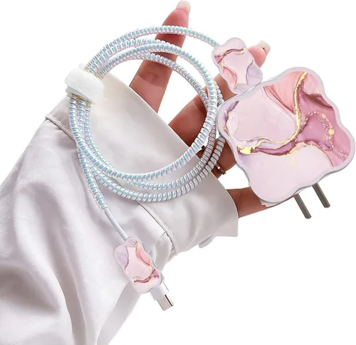 Vista 9 de Lindos protectores de cable para cargador de iPhone, diseño de mármol lujoso, cable de datos, cargador USB, línea de datos, protector de cable