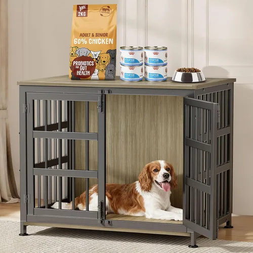 Vista 10 de Jaula para perros de 26 pulgadas, jaulas para perros de razas grandes, jaulas para perros interiores de madera, mesa auxiliar, jaula combinada