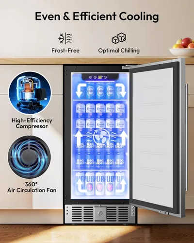 Vista 5 de EUHOMY Refrigerador de bebidas de 15 pulgadas, refrigerador de bebidas para 127 latas con puerta de acero inoxidable, enfriador de bebidas