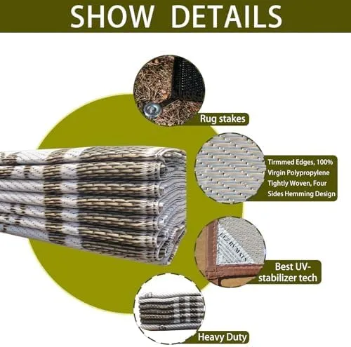 Vista 3 de EEZ RV Products Alfombras de 9 pies x 12 pies Color Marrón Viña de Alta Resistencia Reversibles/Duraderas para Patio Exterior/Caravana Vienen
