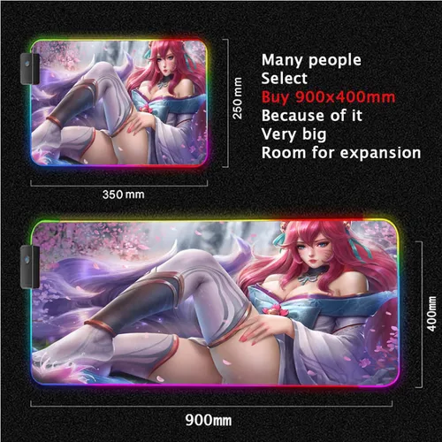 Vista 2 de Alfombrilla de mouse Anime de nueve colas, Zorro Girl Ahri XXL, Anime RGB, para ratón, tetas sexys, accesorios para juegos, laptop, teclado LED