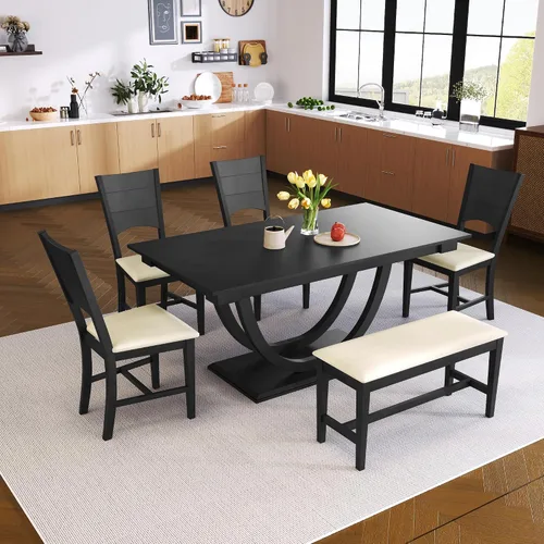 Vista 13 de Juego de mesa de comedor rústica de 6 piezas con mesa rectangular de caballete y 4 sillas tapizadas y banco, juego de mesa de comedor de cocina