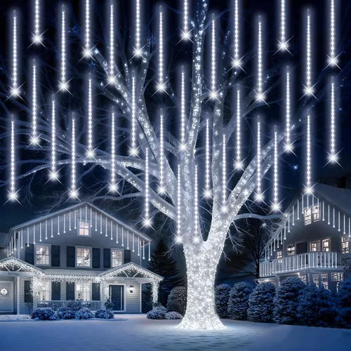 Vista 12 de PEMOTech Luces de lluvia de meteoritos para exteriores, 38.5 pies, 15 tubos de 11.8 pulgadas, 540 luces LED de Navidad al aire libre, luz