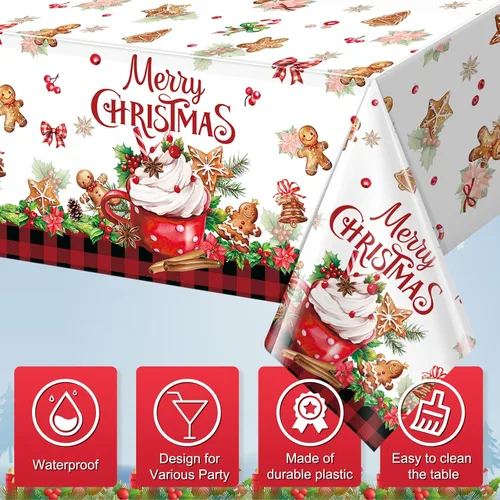 Vista 3 de 3 piezas de manteles de fiesta Feliz Navidad a cuadros de búfalo de pan de jengibre, cubierta de mesa rectangular de plástico rojo y negro a cuadros