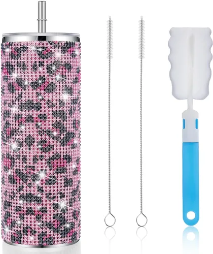 Vista 15 de Tessco Vasos Tumbler con Pedrería Brillante con Pajita Botella de Agua con Purpurina Tumbler de Pajita de Acero Inoxidable Vaso Aislado con Pedrería
