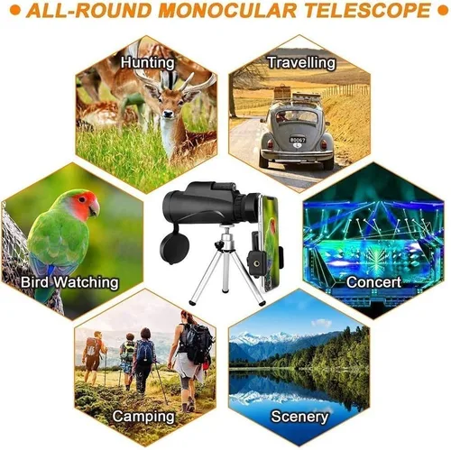 Vista 3 de Clear Night Vision with Adjustable Tripod for Mobile Phone Bird Watching Hunting Hiking Camping Travelling, Monocular 40x60 BAK4 High Power