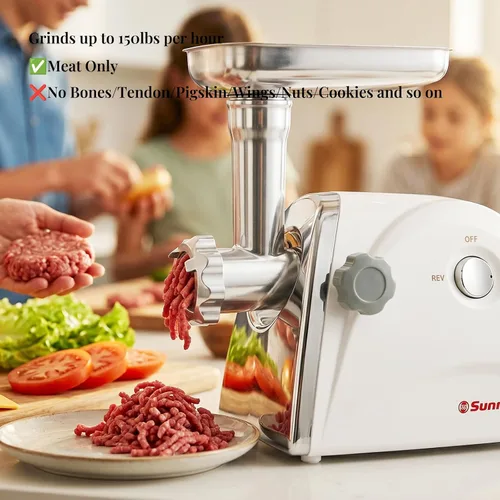 Vista 4 de Sunmile SM-G31 picadora de carne eléctrica y fábrica de salchichas 1HP 800W máximo, aprobado por ETL, hojas de corte de acero inoxidable, 3 placas
