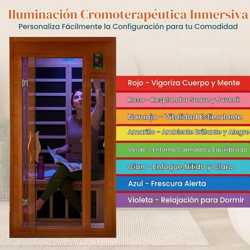 Vista 7 de DYNAMIC SAUNAS Barcelona - Sauna de infrarrojos lejanos de baja EMF para 1 a 2 personas con terapia de luz roja y altavoces Bluetooth Sauna