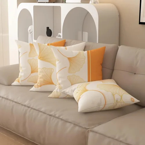 Vista 5 de Funda de almohada de mezcla de algodón y lino de estilo nórdico con patrón de hojas de ginkgo, funda de cojín para sofá del hogar, funda de almohada