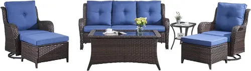 Vista 117 de HUMMUH Juego de 2 Sillas Giratorias Mecedoras de Mimbre para Patio Exterior, Juego de Muebles de Sillas Mecedoras de Ratán (Marrón, Azul) 50,000