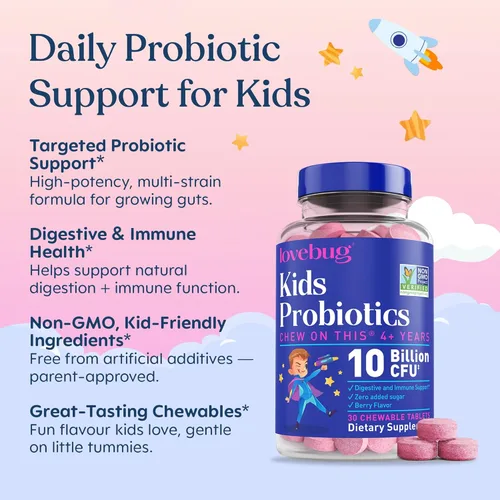 Vista 3 de LOVEBUG - Probióticos para niños – Gomitas masticables con fibra prebiótica para niños de 4 años en adelante, suplemento diario para la salud
