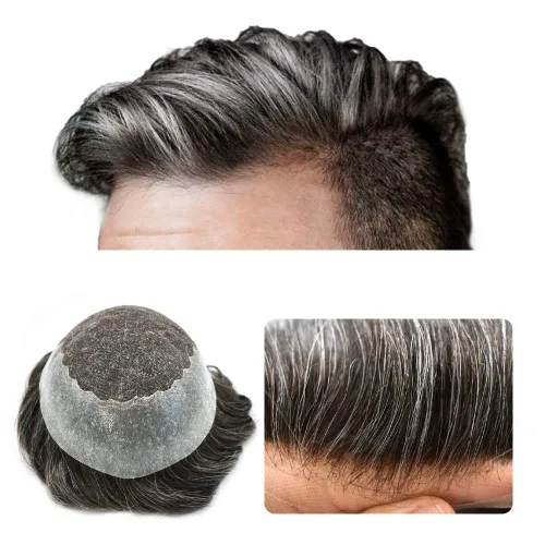 Vista 51 de Toupee para hombres, sistema de reemplazo de cabello humano Remy, nudos blanqueados, encaje frontal, piel fina, para hombre, color gris, pelucas