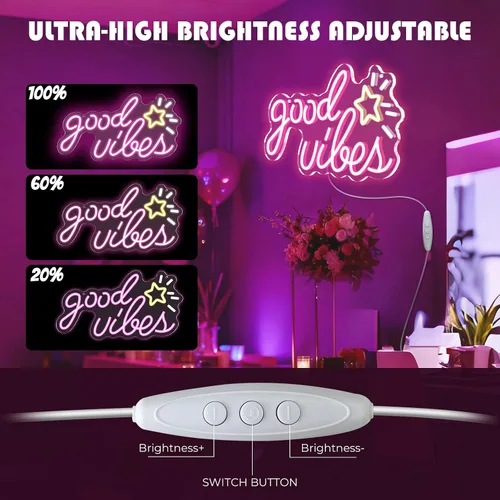 Vista 5 de Letrero de neón Good Vibes, 16 x 8.6 pulgadas, letreros de neón para decoración de pared con interruptor regulable, alimentado por USB, luces