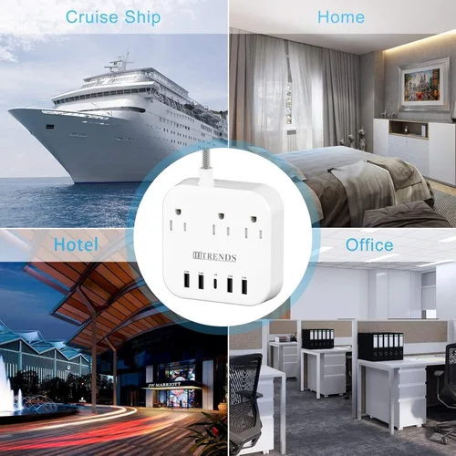 Vista 7 de Regleta de alimentación, protector de sobretensiones HITRENDS con 3 tomas, 4 puertos USB y 1 puerto tipo C (5V/3A), enchufe plano en ángulo, cable