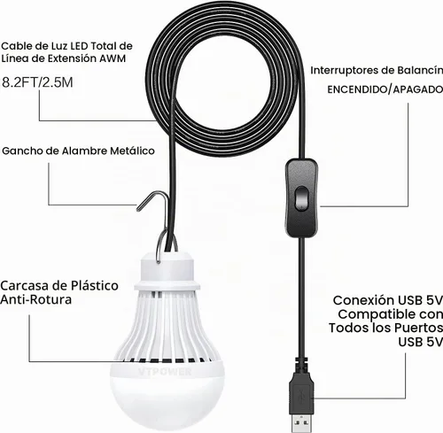 Vista 7 de Paquete de 2 bombillas de luz USB, linterna de luz LED USB para acampar, luz de tienda con cable de 8.2 pies de longitud extra y cable USB en Y