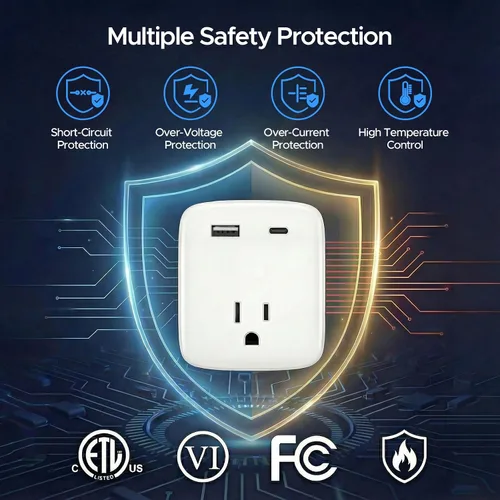 Vista 6 de Extensor de salida aprobado para cruceros, regleta de alimentación sin sobretensiones con 3 salidas de CA y 2 USB (1 USB-C), adaptador de enchufe
