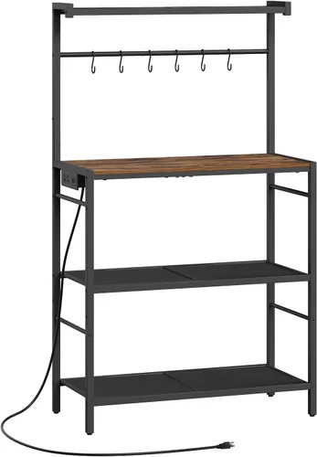 Vista 10 de MAHANCRIS Estante de panadería con toma de corriente, estante de almacenamiento para cocina con 6 ganchos, soporte para microondas
