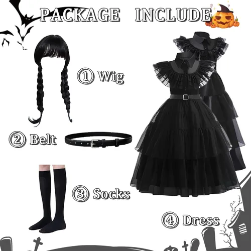 Vista 6 de Ainvliya Wednesday Addams - Disfraz de Addams para niños y niñas, vestido de cosplay negro con accesorios, disfraz de fiesta de Halloween