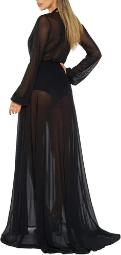 Vista 3 de Pink Queen - Vestido largo de manga larga tipo pareo para usar sobre el traje de baño o bikini suelto con vuelo con cinta para amarrarlo por delante