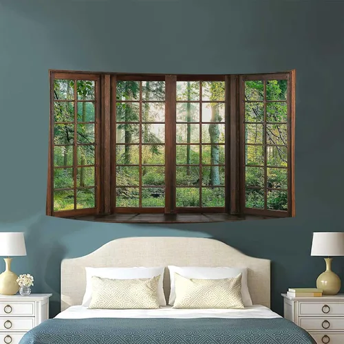 Vista 3 de Aidatain Tapiz Natural de Bosque Verde Escenario de Ventana Tapiz Estético de Pared para Dormitorio Franela 40" L x 30" A Manta de Playa Sala