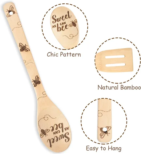 Vista 4 de Eartim Juego de espátulas de madera de abeja, 5 piezas de utensilios de cocina con temática de abeja, antiadherente natural, tallado, cuchara