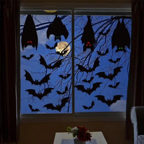 Vista 6 de ZOIIWA Adhesivos de Murciélagos de Halloween para Ventana Decoración, PVC Negro, 9 Hojas, 33x25cm, Reutilizable, Interior, Estilo de Terror