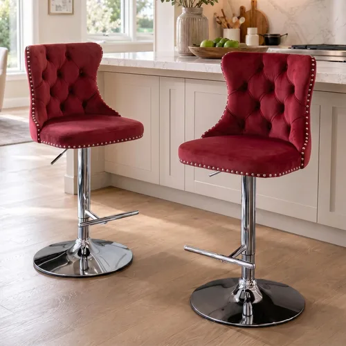 Vista 59 de SoarFlash Juego de 2 taburetes de bar tapizados de terciopelo moderno con patas de madera, botones acolchados, cabeza de clavo cromada, asiento