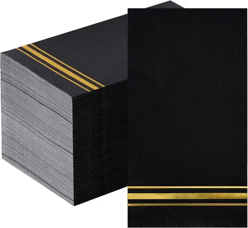 Vista 10 de 200 Servilletas de Papel con Ribete Dorado Negras Elegantes Servilletas de Cena, Servilletas de Invitados de 3 Capas con Papel Dorado Desechables