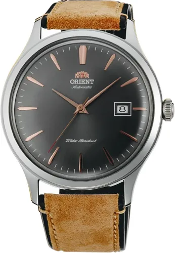 Vista 4 de Orient "Bambino Version 4" reloj de vestir automático/de cuerda manual, japonés, de acero inoxidable y cuero verde pastel