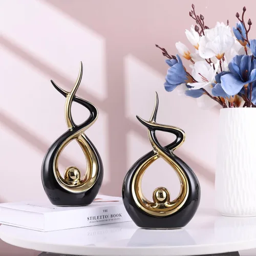 Vista 6 de Escultura moderna de cerámica abstracta dorada y negra, estatuas de Knick Knacks para sala de estar, estante, soporte de TV, mesa de café, comedor