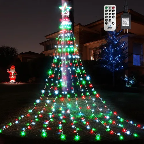 Vista 13 de WBao 344 luces LED de Navidad para decoración al aire libre con estrella de 12 pulgadas, luces de Navidad de cascada de 11.9 pies, control remoto, 8