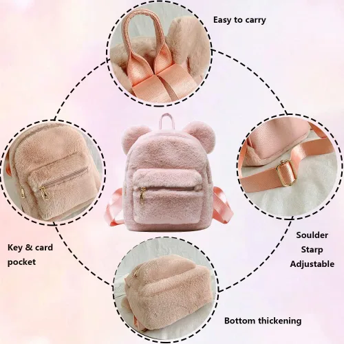 Vista 4 de Mochila mullida de oso lindo para niñas, kawaii suave, peluda, casual, mini mochila de felpa para la vuelta a la escuela, regalos para niñas, gris