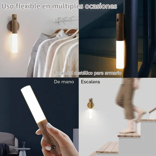 Vista 3 de Luz con sensor de movimiento, luz nocturna para interiores, aplique de pared de madera, recargable, portátil, magnética, funciona con pilas, luz LED