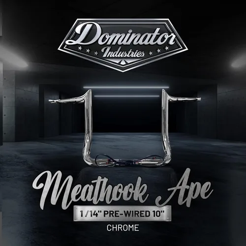 Vista 2 de Dominator Industries - Manillar Meathook Bar Ape de 10 pulgadas, precableado de 1 1/4 pulgadas, cromado, compatible con Harley-Davidson Bagger