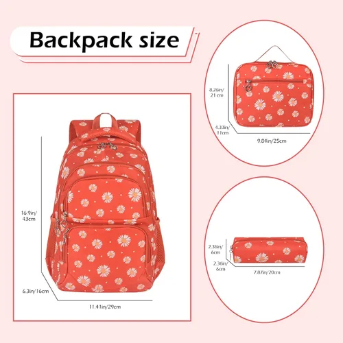 Vista 16 de goldwheat Mochilas impresas margaritas con paquete de almuerzo, estuche de lápices 3pcs, bolsa ligera resistente al agua para la escuela secundaria