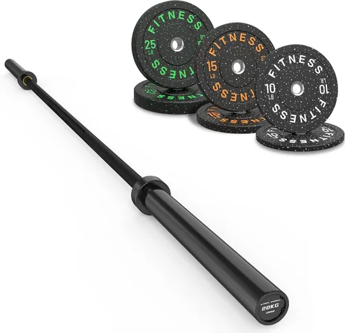 Vista 19 de Olympic Barbell Set, 2-Inch Bumper Plates with Weight Plate Rack Colored Crumb Rubber Weight Plates for Weight Lifting & Strength Training, 90–530