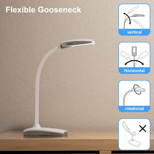 Vista 4 de Lámpara de escritorio LED de 3 brillos regulable para cuidado de los ojos, lámpara de mesa blanca flexible de cuello de cisne táctil, luz