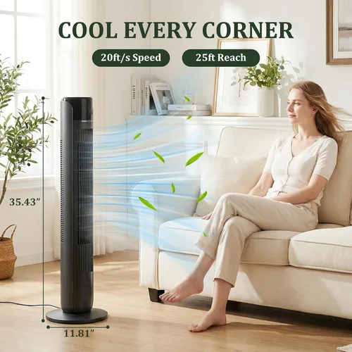 Vista 2 de Tower Fan for Bedroom, Bladeless Cooling Fan with Remote, 60° Oscillating Standing Fan with 28dB Quiet for Sleep, 12H Timer, 5 Speeds 4 Modes, LED