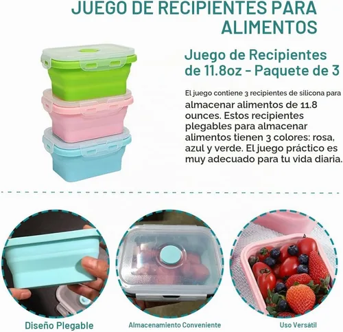 Vista 7 de Alimat PluS 11.8oz Juego de 3 Contenedores de Almacenamiento de Alimentos de Silicona Plegables con Tapas, Tamaño Pequeño, 350ml Contenedores