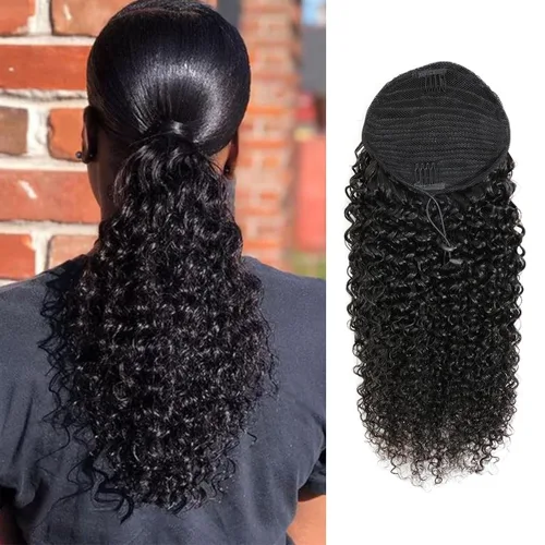 Vista 3 de Cola de caballo de cabello humano rizado con cordón brasileño Remy Extensin 3C Kinky Curly Hair Clip en pieza de pelo color natural sedoso suave 10